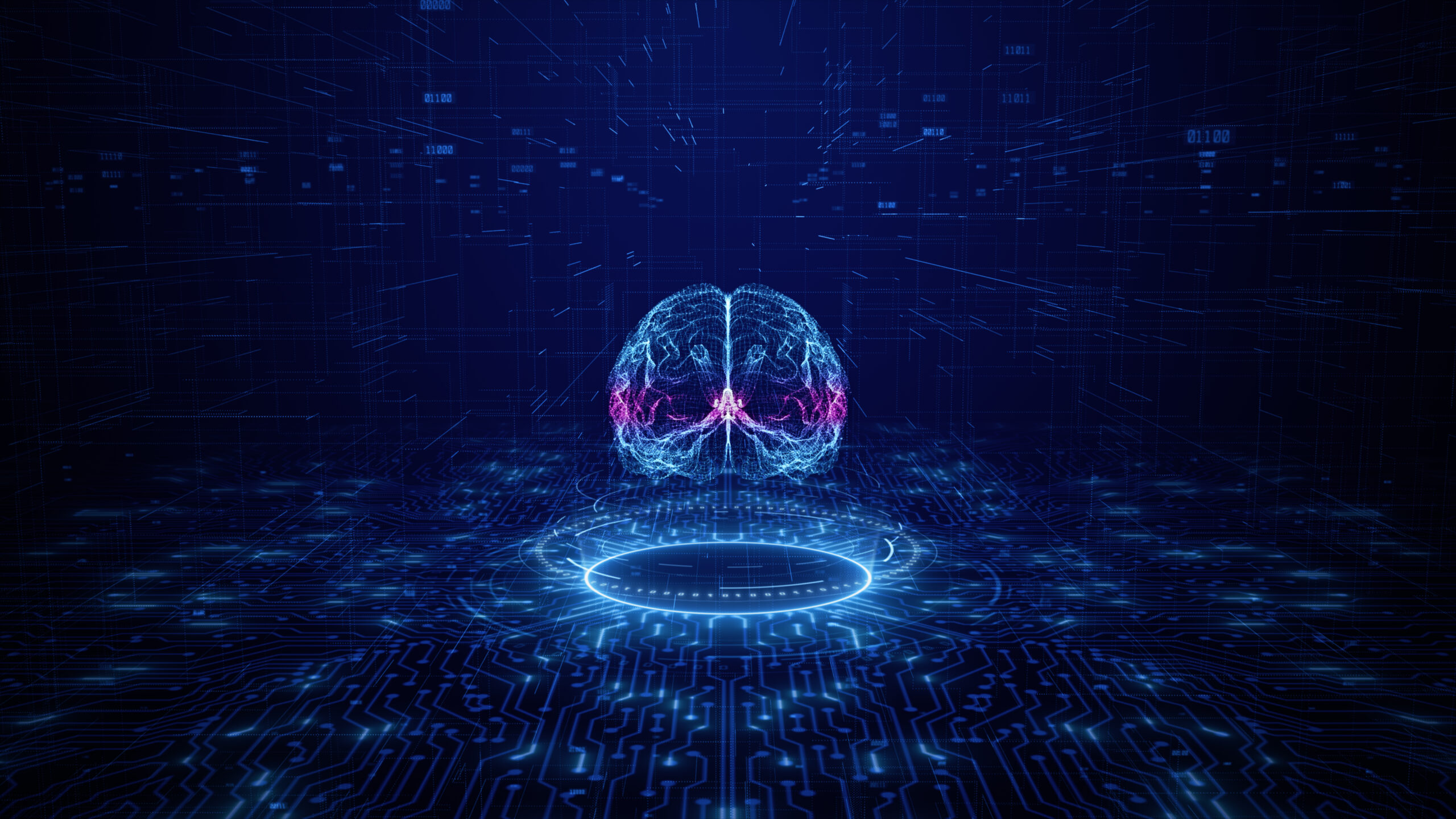 Artificial intelligence concept. Brain over a circuit board. HUD future technology digital background
